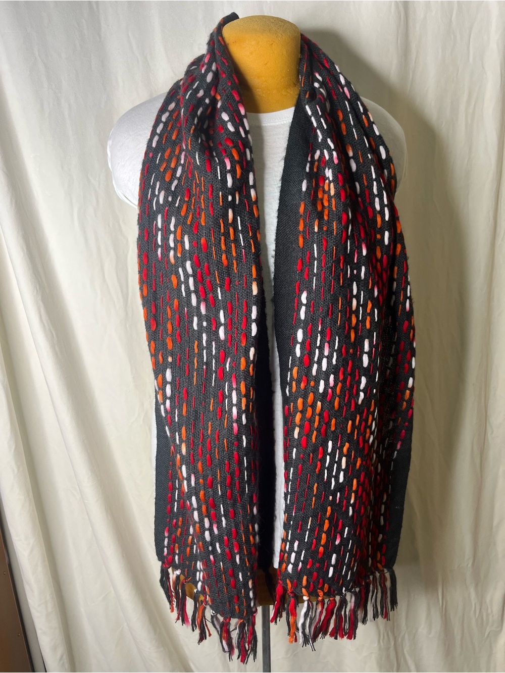Coldwater Creek Black Knit Scarf with Red, Orange & Pink Accents